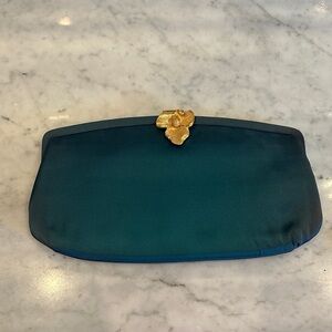 Teal Vintage Satin Clutch with Gold Floral Accent